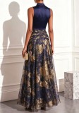 Women's Luxury Sleeveless Stand Collar Floral Print Pleated Evening Gown with Metallic Buckle