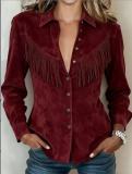 Women's Western Style Faux Suede Turndown Collar Fringe Long Sleeve Denim Style Shirt Jacket