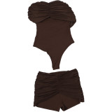 Women's Fall Sexy Round Neck Short Sleeve Mesh Ruched Top and Shorts Set