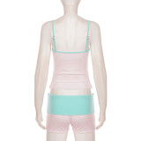 Women's Polka Dot and Striped Reversible Colorblock Strap Open Waist Slim Fit Shorts Set