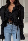 Women's Casual Round Neck Bell Sleeve Cardigan Shirt