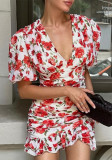 Women's Fashion V Neck Short Sleeve Ruched High Waist Bodycon Dress
