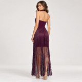 Women's Halter Neck Deep V Neck Metallic Fringe Slim Fit Bandage Evening Gown for Parties