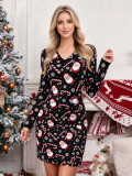 Women's Christmas Reindeer Snowflake Jacquard V Neck Long Sleeve Slim Fit Knitted Mini Dress