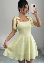 Women's Fashion Square Neck Sleeveless Slim Waist Light Yellow Pleated Hem Mini Dress Women's Fashion Square Neck Sleeveless Slim Waist Light Yellow Pleated Hem Mini Dress