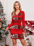 Women's Christmas Reindeer Snowflake Jacquard V Neck Long Sleeve Slim Fit Knitted Mini Dress