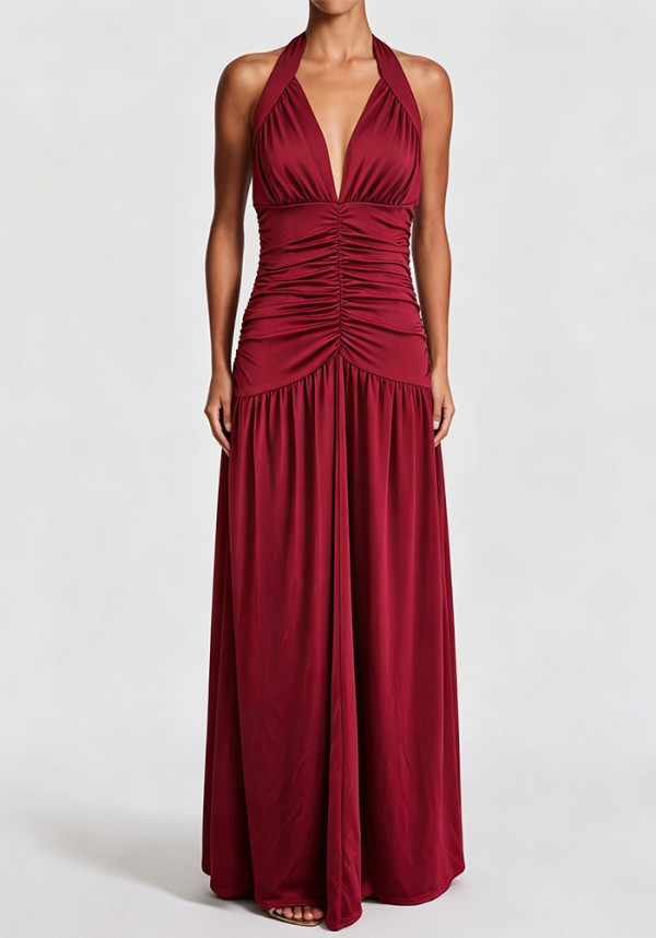 Women's Halter Neck Deep V Neck Pleated Waist Slim Fit Flared Formal Evening Maxi Dress