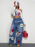 Women's High Street Double Waistband and Letter Patch Ripped Denim Wide Leg Pants