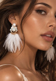 Women's White Feather Rhinestone Tassel Earrings Bohemian Style