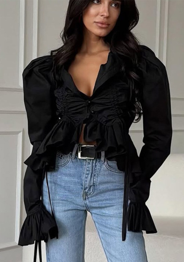 Women's Casual Round Neck Bell Sleeve Cardigan Shirt