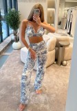 Women's Fall Three Piece Paint Print Robe Strap Top and Wide Leg Pants Set