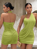 Women's Luxury Halter Neck Metallic Ring Pleated Bodycon Evening Dress