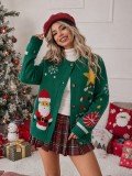 Women's Christmas Round Neck Knitted Cardigan Sweater with Santa Claus Tree and Snowflake Jacquard