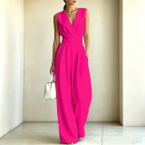Women's Spring Summer Elegant V Neck Slim Waist Wide Leg Jumpsuit