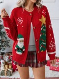 Women's Christmas Round Neck Knitted Cardigan Sweater with Santa Claus Tree and Snowflake Jacquard
