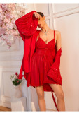 Women's Lace Trim Slip Dress and Beaded Bell Sleeve Tie Robe Two Piece Pajama Set