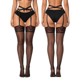 Black Over The Knee Stockings Heart Print Lip Print Lace Bow Garter Stockings