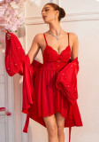 Women's Lace Trim Slip Dress and Beaded Bell Sleeve Tie Robe Two Piece Pajama Set
