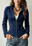 Women's Stand Collar Zipper and Slim Waist Suede Cropped Jacket