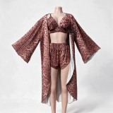 Women's Leopard Print Three Piece Pajama Set with Robe