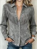 Women's Western Style Faux Suede Turndown Collar Fringe Long Sleeve Denim Style Shirt Jacket