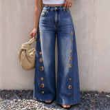Women's High Waist Loose Wide Leg Denim Pants with Side Metallic Buckles and Hollow Out Details