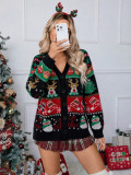 Women's Christmas Jacquard V Neck Single Breasted Loose Long Sleeve Cardigan Sweater