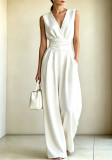 Women's Spring Summer Elegant V Neck Slim Waist Wide Leg Jumpsuit