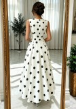 Women's Black and White Polka Dot V Neck Sleeveless Slim Waist Maxi Dress