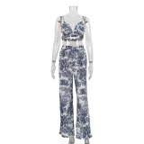 Women's Fall Three Piece Paint Print Robe Strap Top and Wide Leg Pants Set