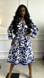 Women's Fall Blue White Print and Lace Up Long Sleeve Shirt Dress