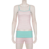 Women's Polka Dot and Striped Reversible Colorblock Strap Open Waist Slim Fit Shorts Set