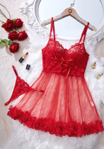 Women's Sexy Deep V Neck Floral Lace Slip Dress Two Piece Lingerie Set