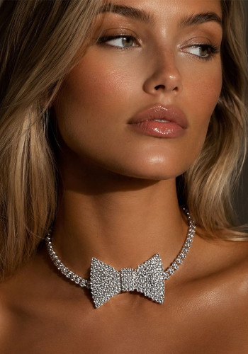 Women's Luxury Rhinestone Bow Choker Necklace for Formal Parties
