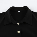 Women's Spring Black Lace Patchwork Slim Waist Shirt Dress with Irregular Hem