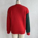 Women's Asymmetric Red and Green Christmas Jacquard V Neck Long Sleeve Sweater with Snowman and Gingerbread House Patterns
