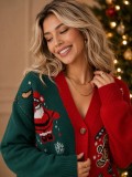 Women's Asymmetric Red and Green Christmas Jacquard V Neck Long Sleeve Sweater with Snowman and Gingerbread House Patterns
