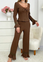 Women's Fall Winter V Neck Lace Patchwork Bell Sleeve Long Sleeve Top and Pants Pajama Set