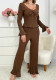 Women's Fall Winter V Neck Lace Patchwork Bell Sleeve Long Sleeve Top and Pants Pajama Set