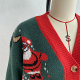 Women's Asymmetric Red and Green Christmas Jacquard V Neck Long Sleeve Sweater with Snowman and Gingerbread House Patterns