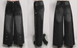 Women's High Waist Loose Wide Leg Denim Pants with Side Metallic Buckles and Hollow Out Details