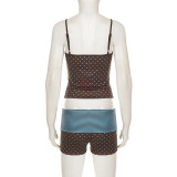 Women's Polka Dot and Striped Reversible Colorblock Strap Open Waist Slim Fit Shorts Set