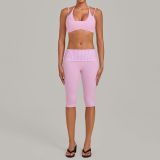 Women's Printed Halter Neck Layered Look Two Piece Workout Set
