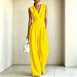 Women's Spring Summer Elegant V Neck Slim Waist Wide Leg Jumpsuit