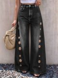 Women's High Waist Loose Wide Leg Denim Pants with Side Metallic Buckles and Hollow Out Details