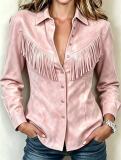 Women's Western Style Faux Suede Turndown Collar Fringe Long Sleeve Denim Style Shirt Jacket