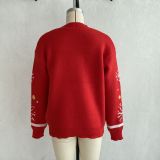 Women's Christmas Round Neck Knitted Cardigan Sweater with Santa Claus Tree and Snowflake Jacquard