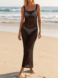 Women's Sexy Solid Color Hollow Out Low Back Slim Fit Beach Cover Up Maxi Dress