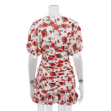 Women's Fashion V Neck Short Sleeve Ruched High Waist Bodycon Dress