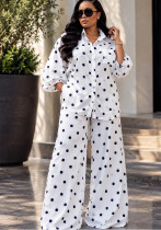 Women's Polka Dot Turndown Collar Shirt and Wide Leg Pants Two Piece Casual Set Women's Polka Dot Turndown Collar Shirt and Wide Leg Pants Two Piece Casual Set